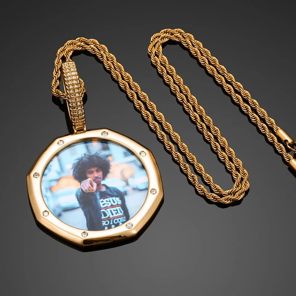 18K Plated Gold Pendant Custom Photo Medallion Necklace With 8 Micro Nano Stone