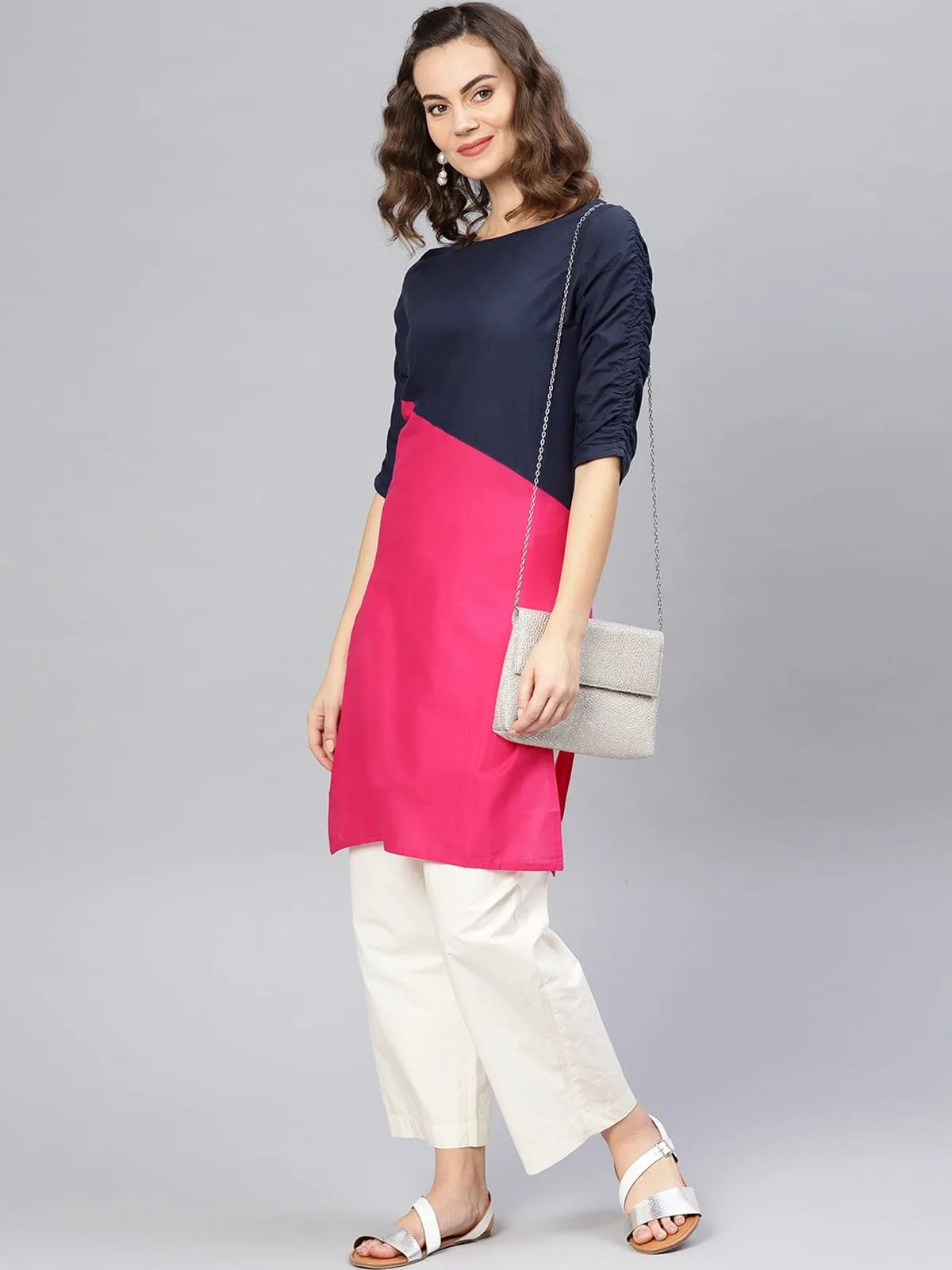 3/4sleeves Diagonal Color-Block Kurti