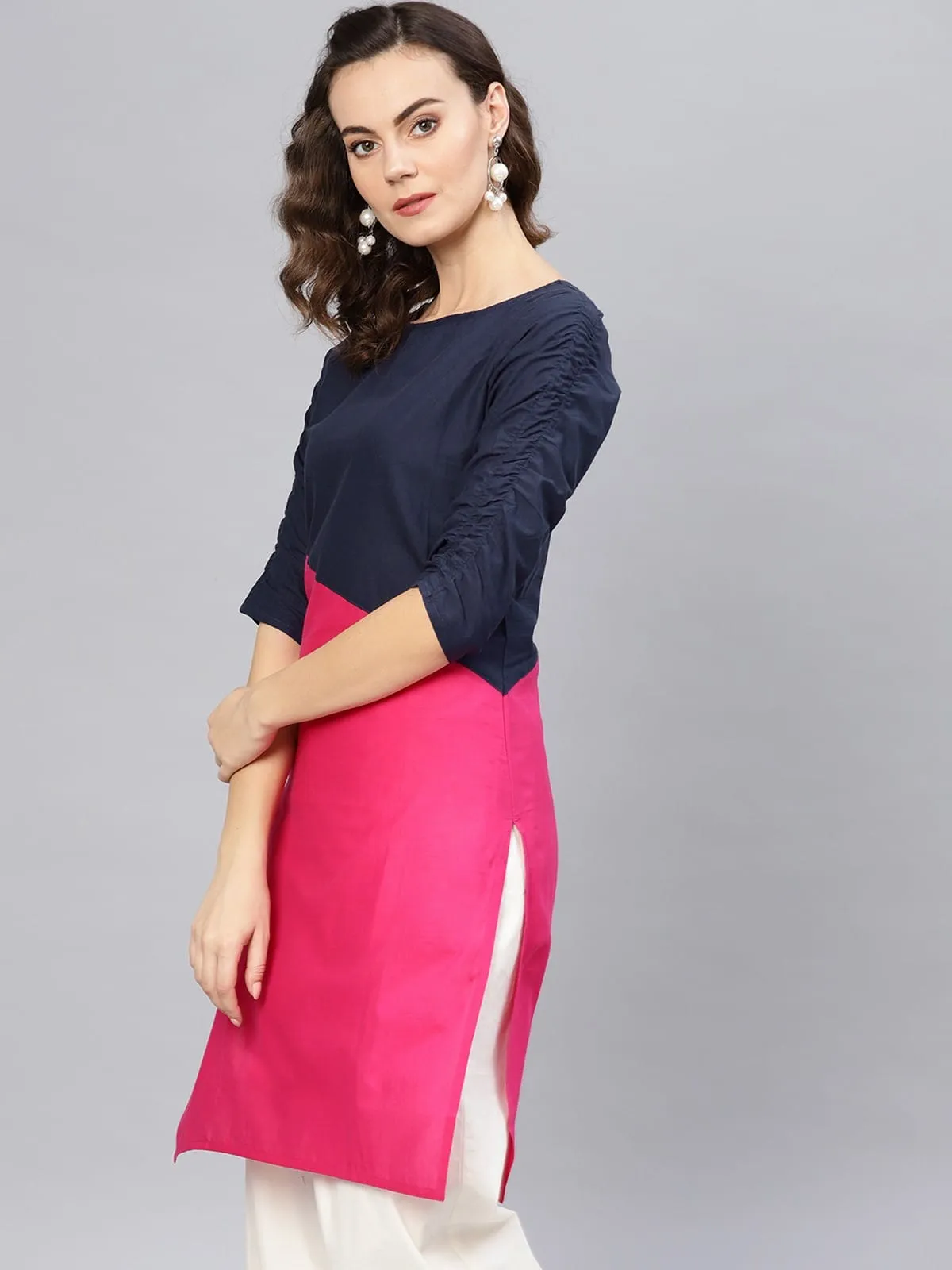 3/4sleeves Diagonal Color-Block Kurti