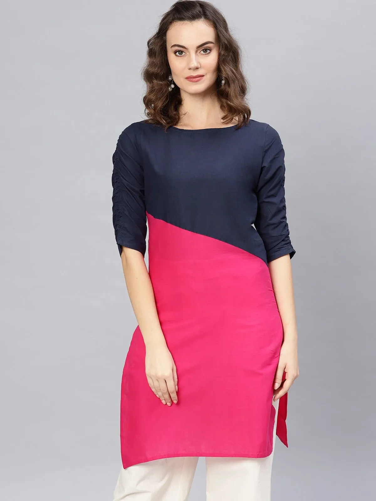 3/4sleeves Diagonal Color-Block Kurti