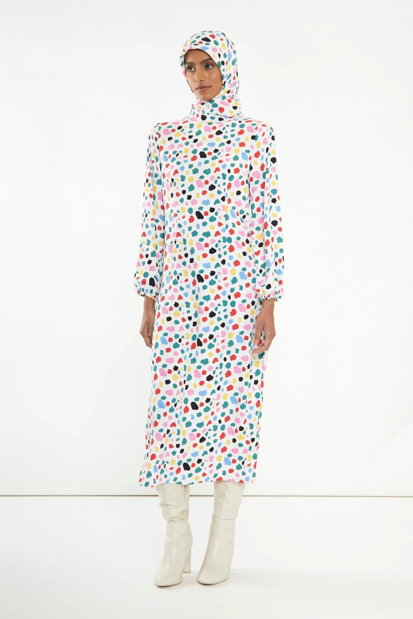 Abstract Spot Long-Sleeve Midi-Dress