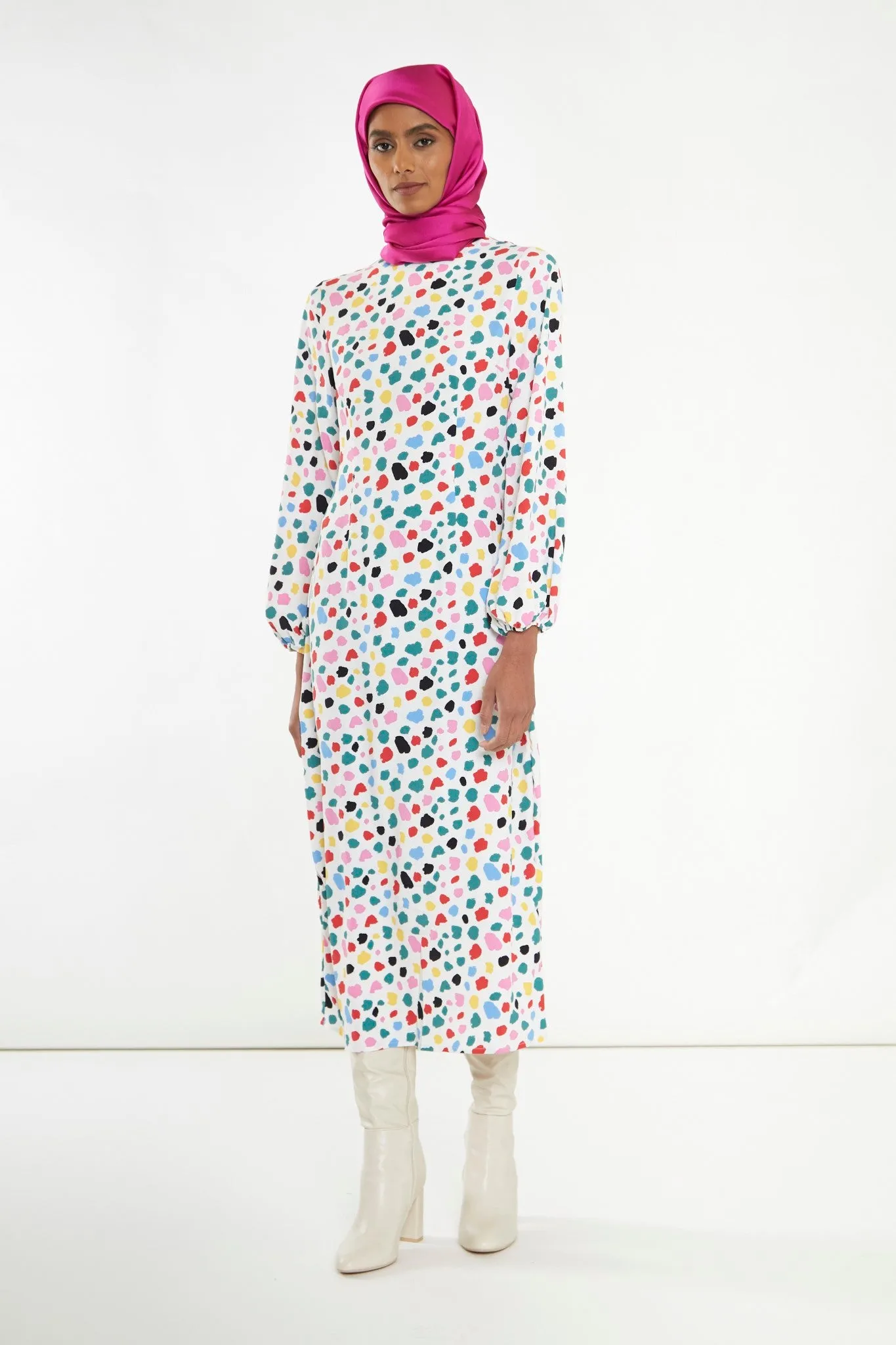 Abstract Spot Long-Sleeve Midi-Dress