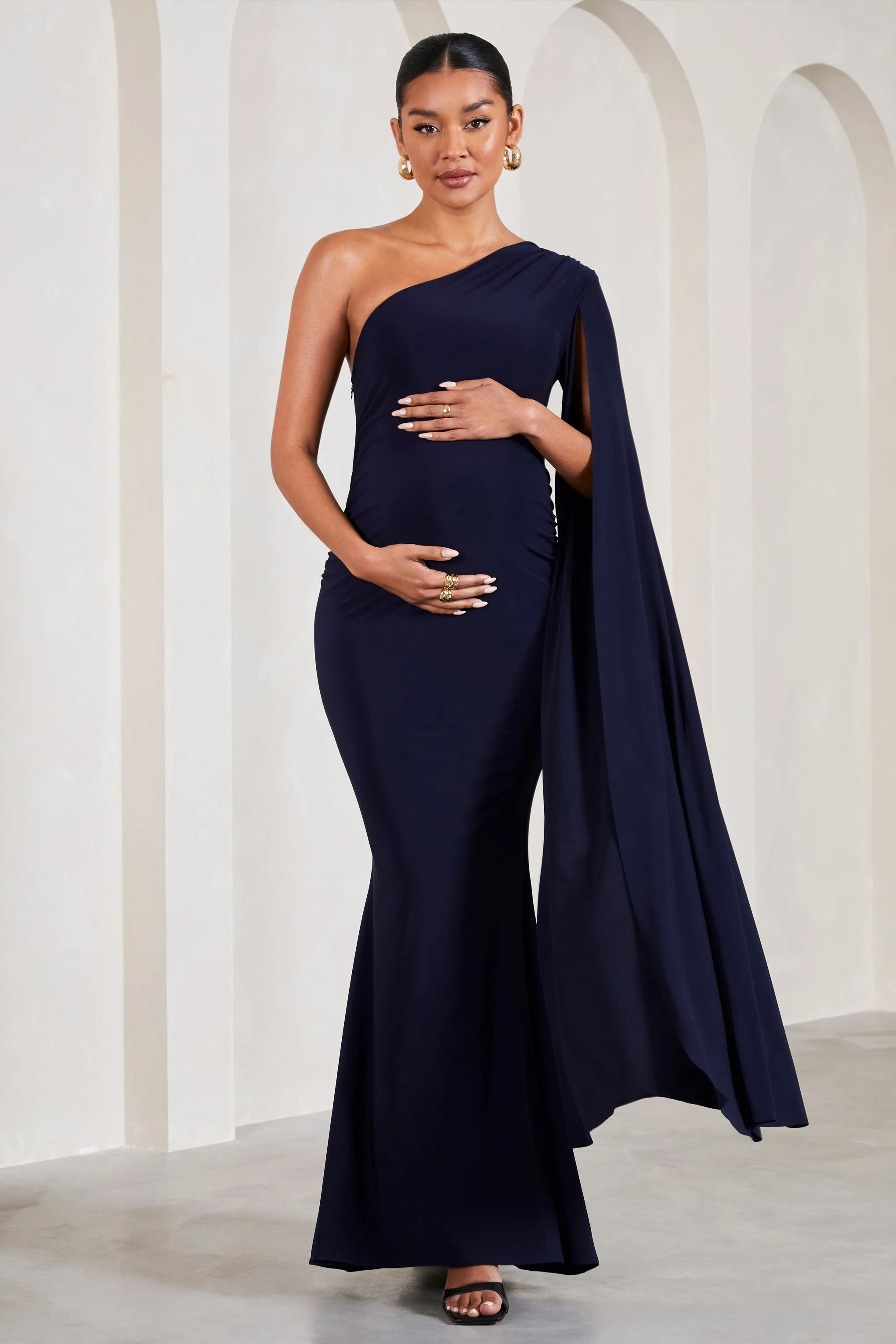 Amara | Navy One-Shoulder Maternity Maxi Dress With Cape