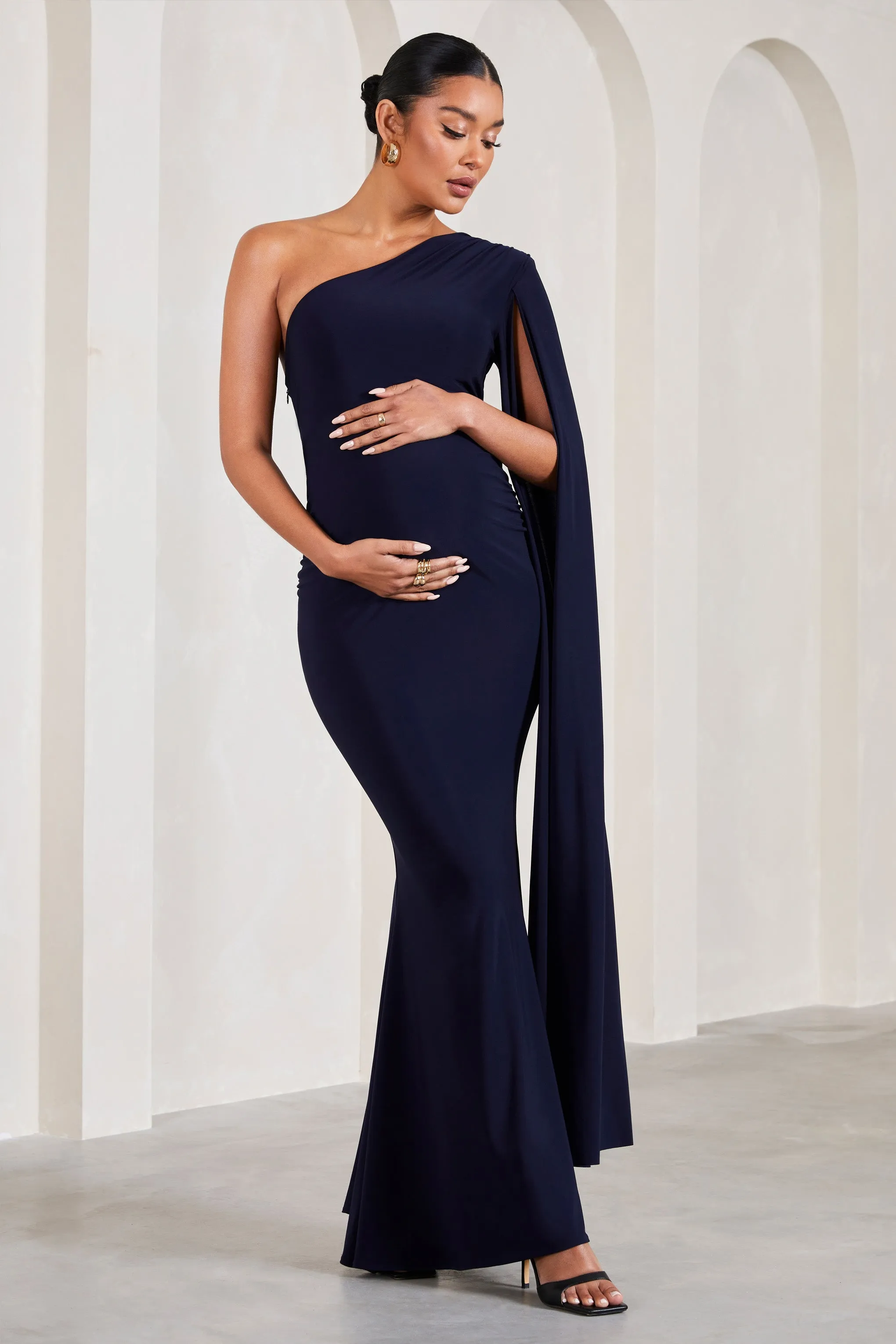 Amara | Navy One-Shoulder Maternity Maxi Dress With Cape