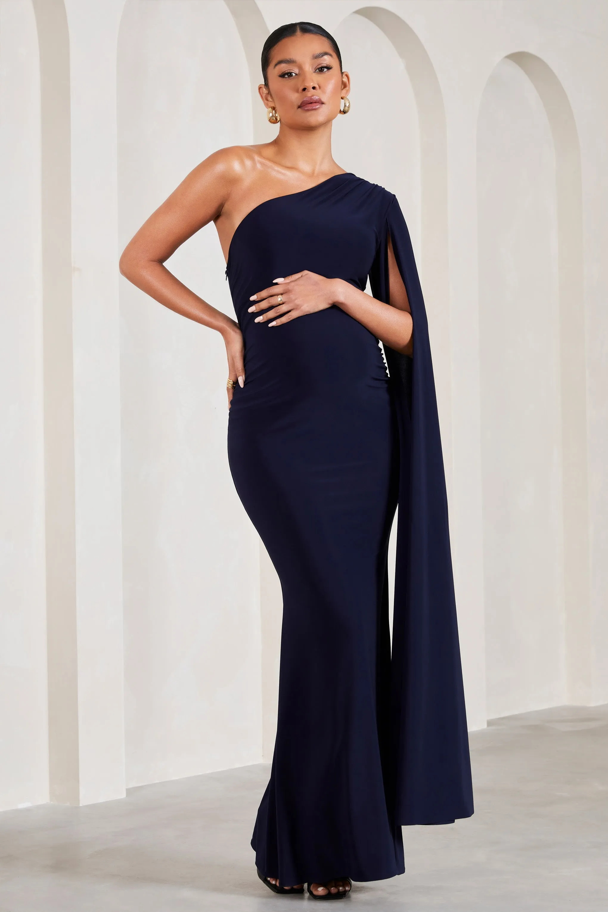 Amara | Navy One-Shoulder Maternity Maxi Dress With Cape