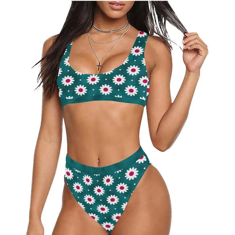 Aqua Daisy Sport Top & High-Waist Bikini Swimsuit