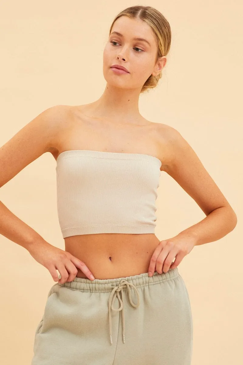 Beige Bone Seamless Bandeau Crop Rib