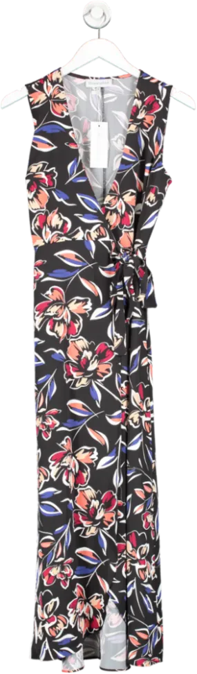 Bella and Blue Black Sleeveless Wrap Midi Dress With Tie In Floral UK 8