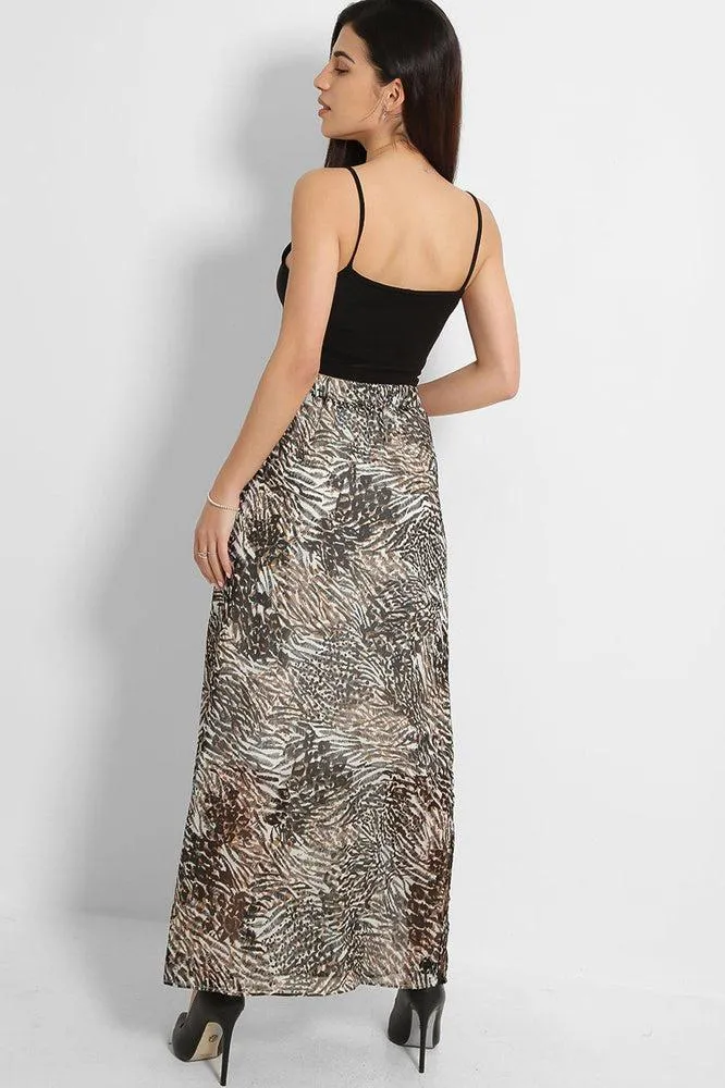 Black Brown Mixed Animal Print Chiffon Maxi Skirt