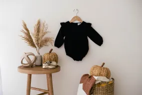 Black Linen Flutter Sleeve Romper