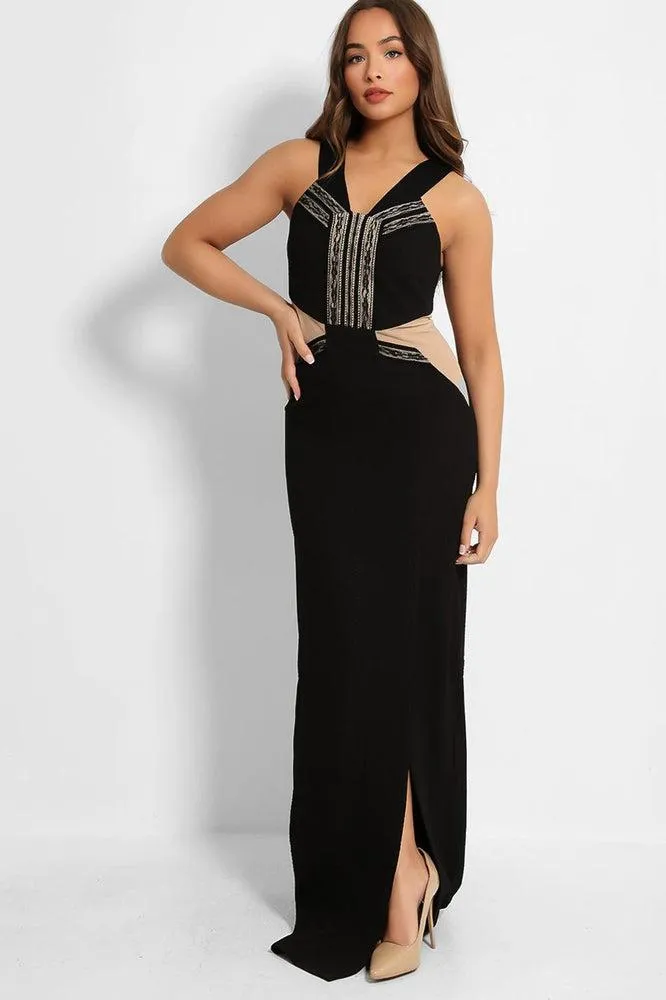 Black Nude Illusion Waist Maxi Dress