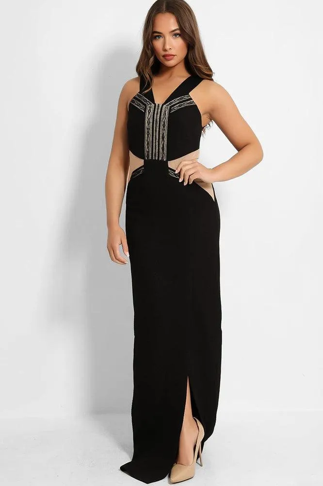 Black Nude Illusion Waist Maxi Dress