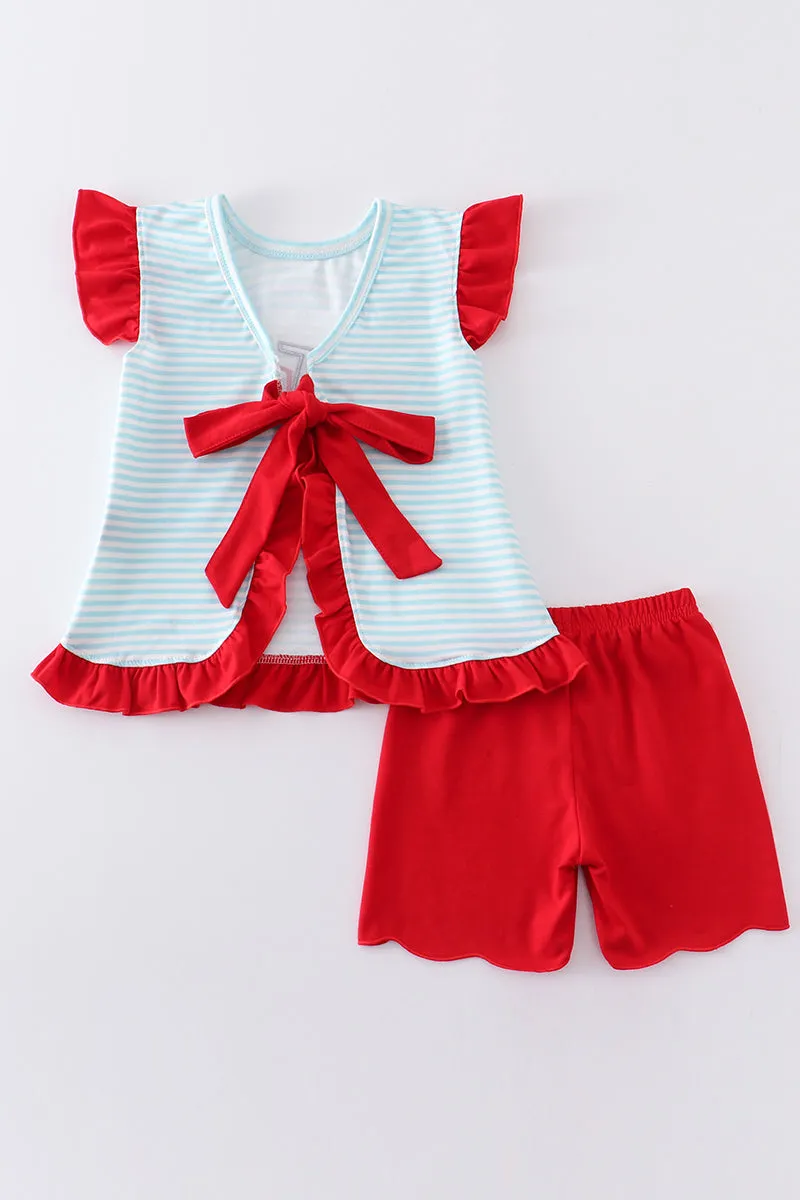 Blue stripe truck baseball applique girl set