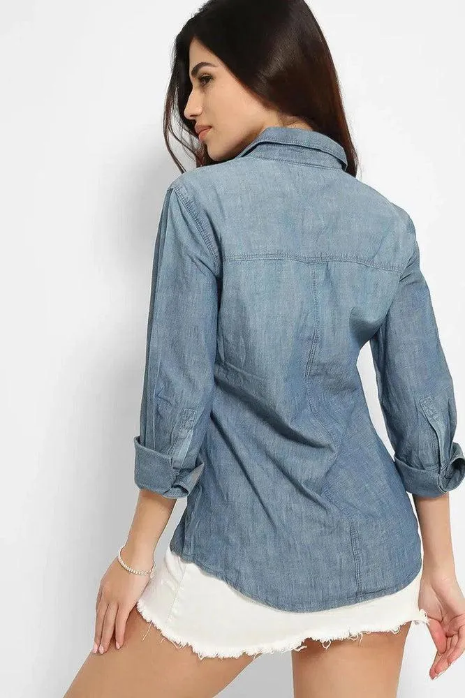 Blue Thin Denim Popper Button Shirt