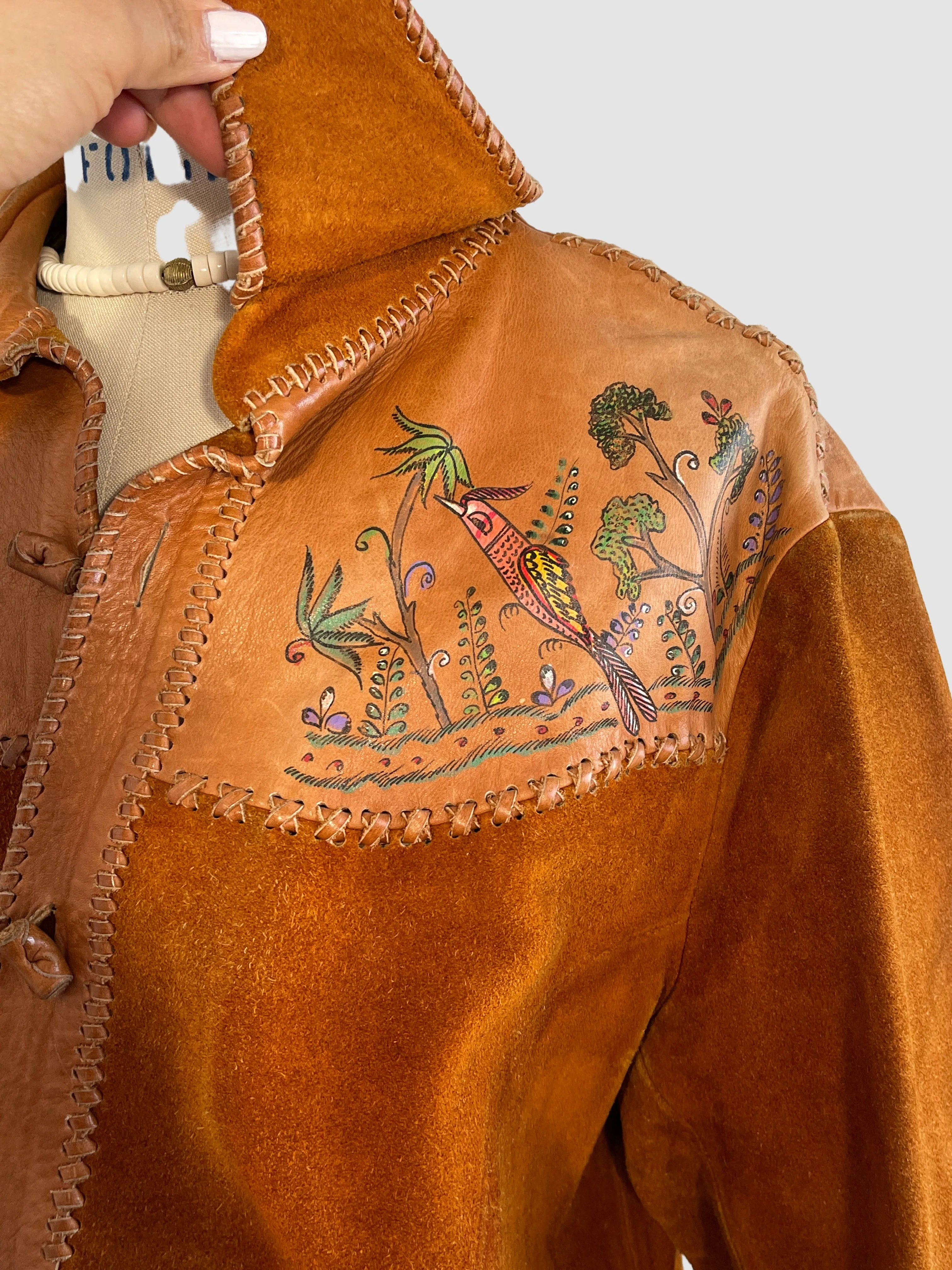 CHAR 70s Mens Hand Painted Golden Eagle Leather & Suede Jacket, X Large