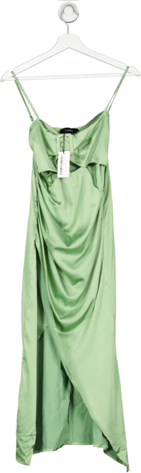 Cider Green Satin Ruched Cut Out Slit Midi Dress UK S