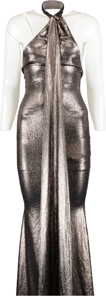 Club L Metallic Strike Gold - Bronze Asymmetric Low Back Dress With Scarf UK 6