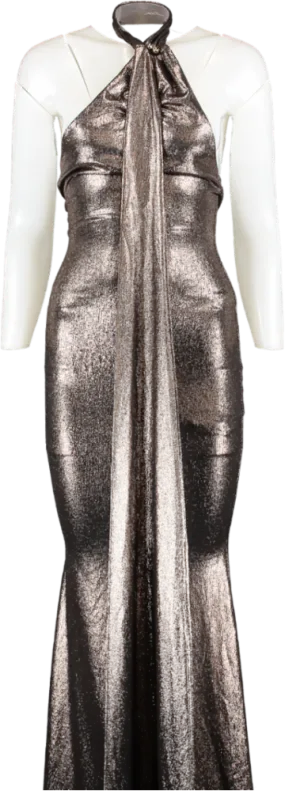 Club L Metallic Strike Gold - Bronze Asymmetric Low Back Dress With Scarf UK 6