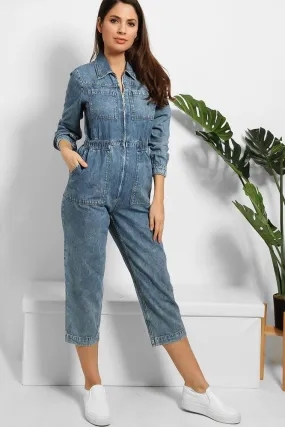 Cropped Leg Zipped Denim Jumpsuit