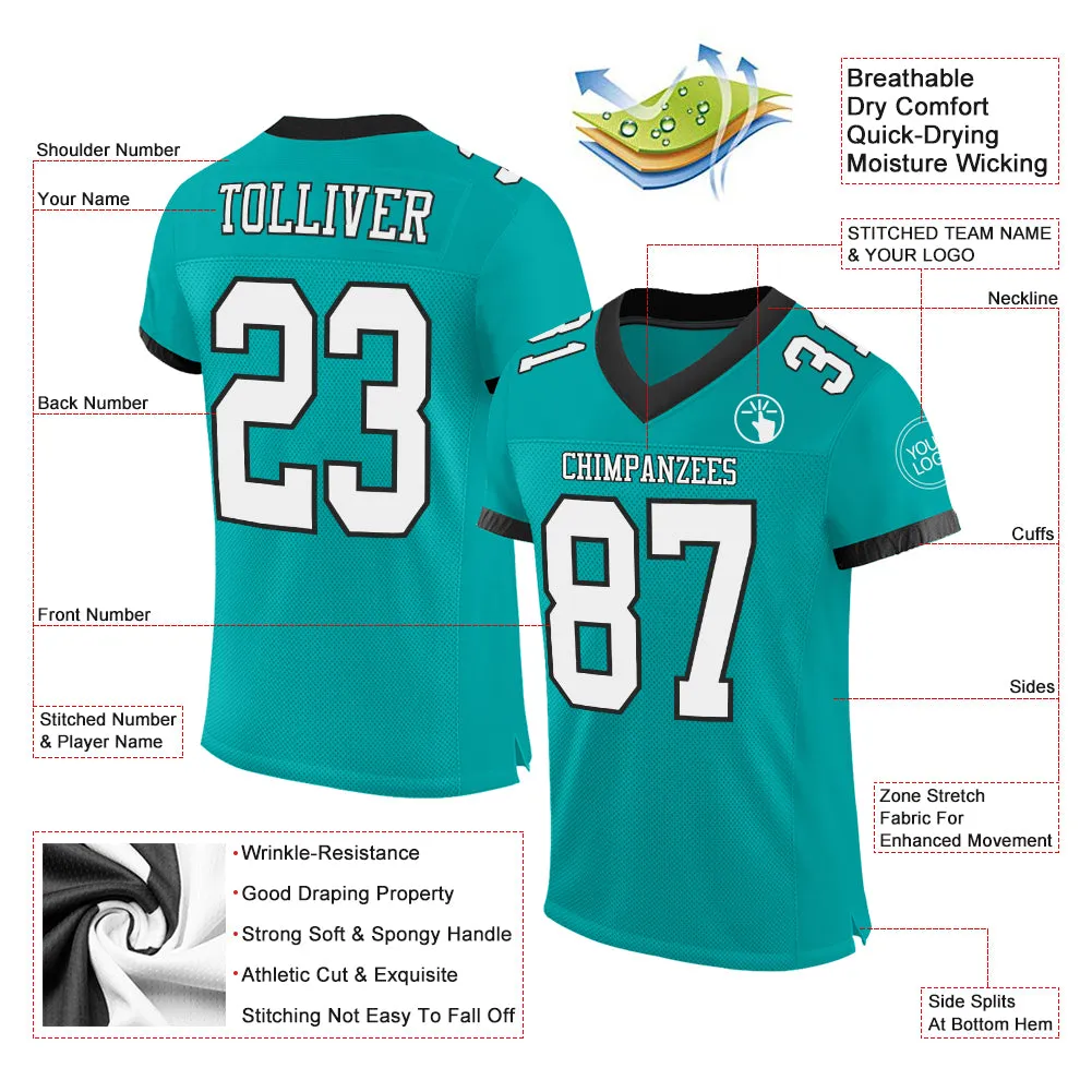 Custom Aqua White-Black Mesh Authentic Football Jersey