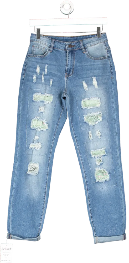 Evaless Blue Ripped Denim Casual Fit Patchwork Jeans UK 8