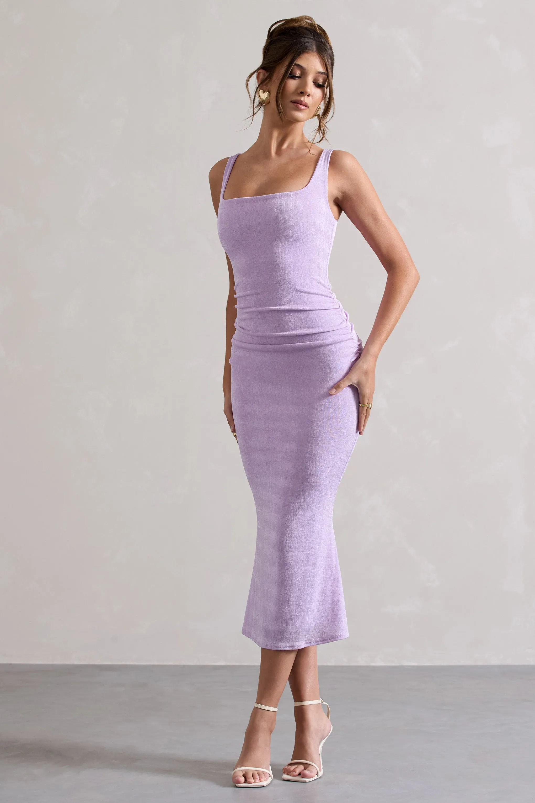 Evora | Lilac Ruched Square-Neck Fishtail Midi Dress