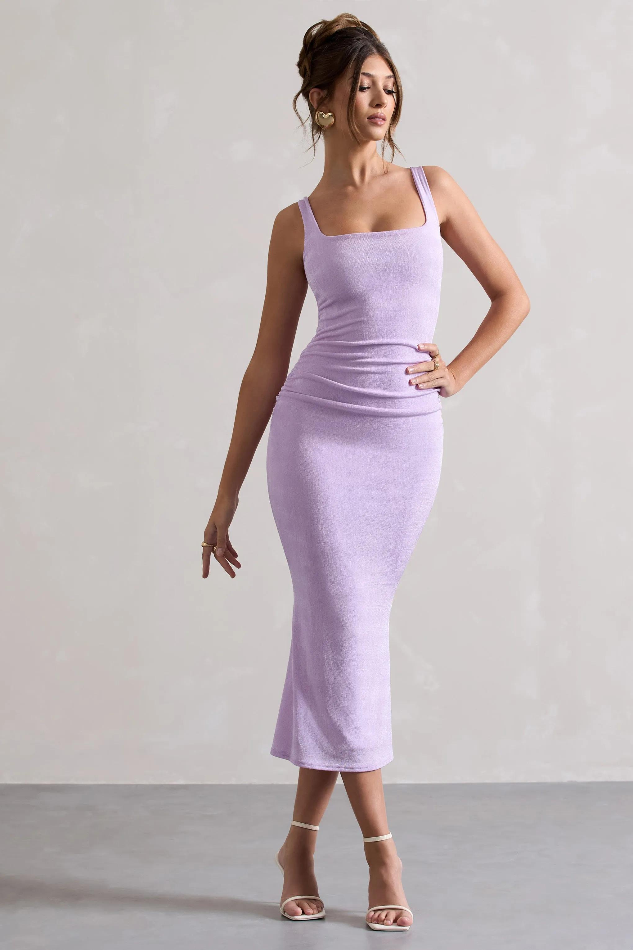 Evora | Lilac Ruched Square-Neck Fishtail Midi Dress