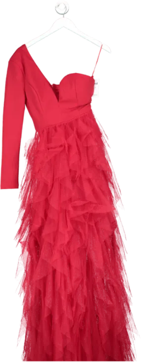 Faeriesty Red One Sleeve Belted Tulle Layered Maxi Dress UK S