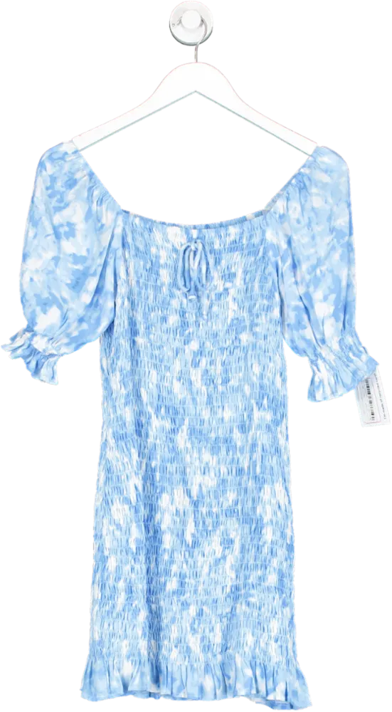 Faithful The Brand Blue Ruched Puff Sleeve Mini Dress UK S