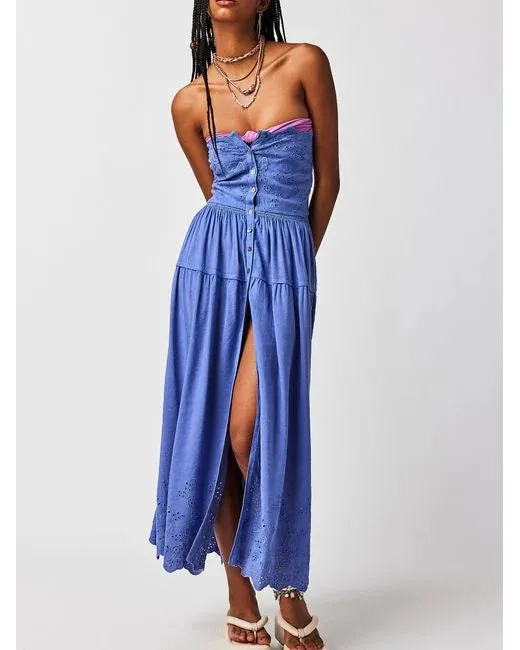 Free People BLUE Evelyn Eyelet Midi Dress UK XS