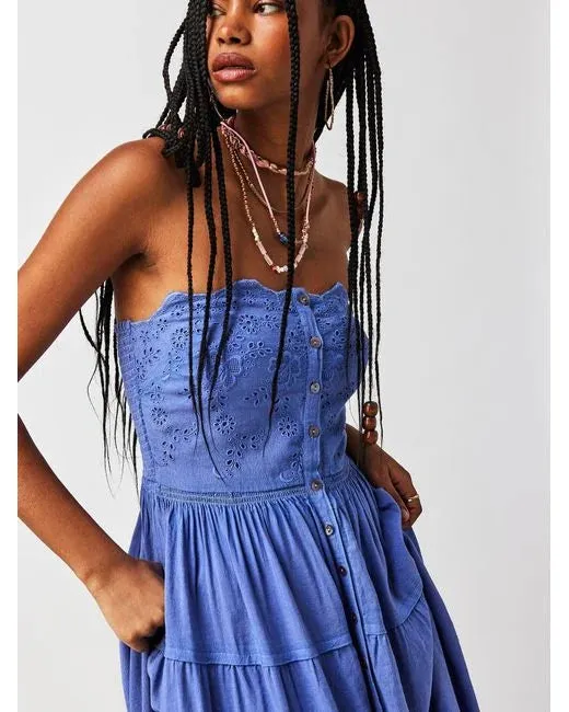 Free People BLUE Evelyn Eyelet Midi Dress UK XS