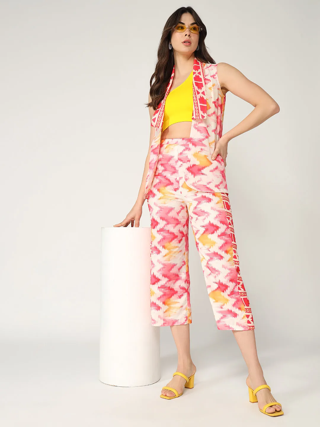 Fusion Ikat Printed Sleeveless Shrug With Pant Set