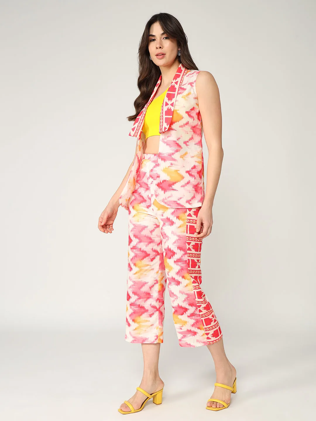 Fusion Ikat Printed Sleeveless Shrug With Pant Set