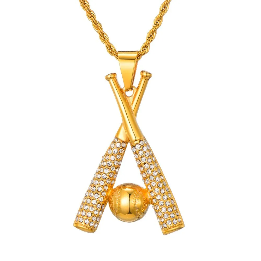 Gemstone-Studded Gold-Plated Baseball Bling Stainless Steel Hip-hop Pendant Necklace