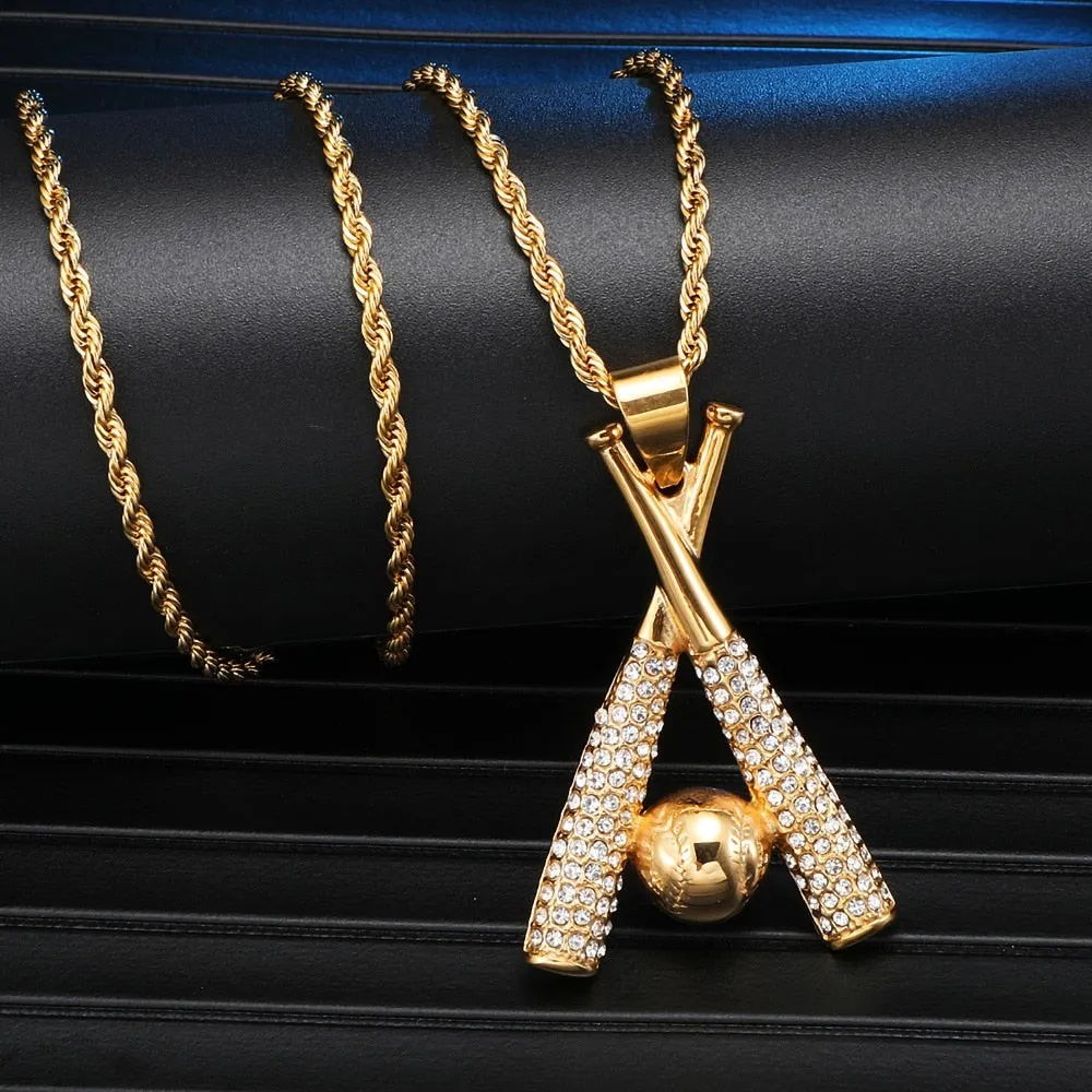 Gemstone-Studded Gold-Plated Baseball Bling Stainless Steel Hip-hop Pendant Necklace