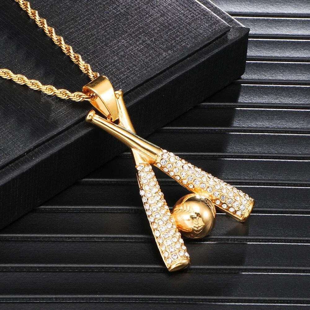 Gemstone-Studded Gold-Plated Baseball Bling Stainless Steel Hip-hop Pendant Necklace