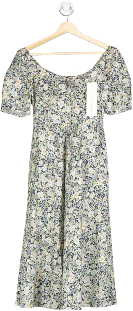 Goelia Blue Serene Garden Print Woven Midi Dress UK XS