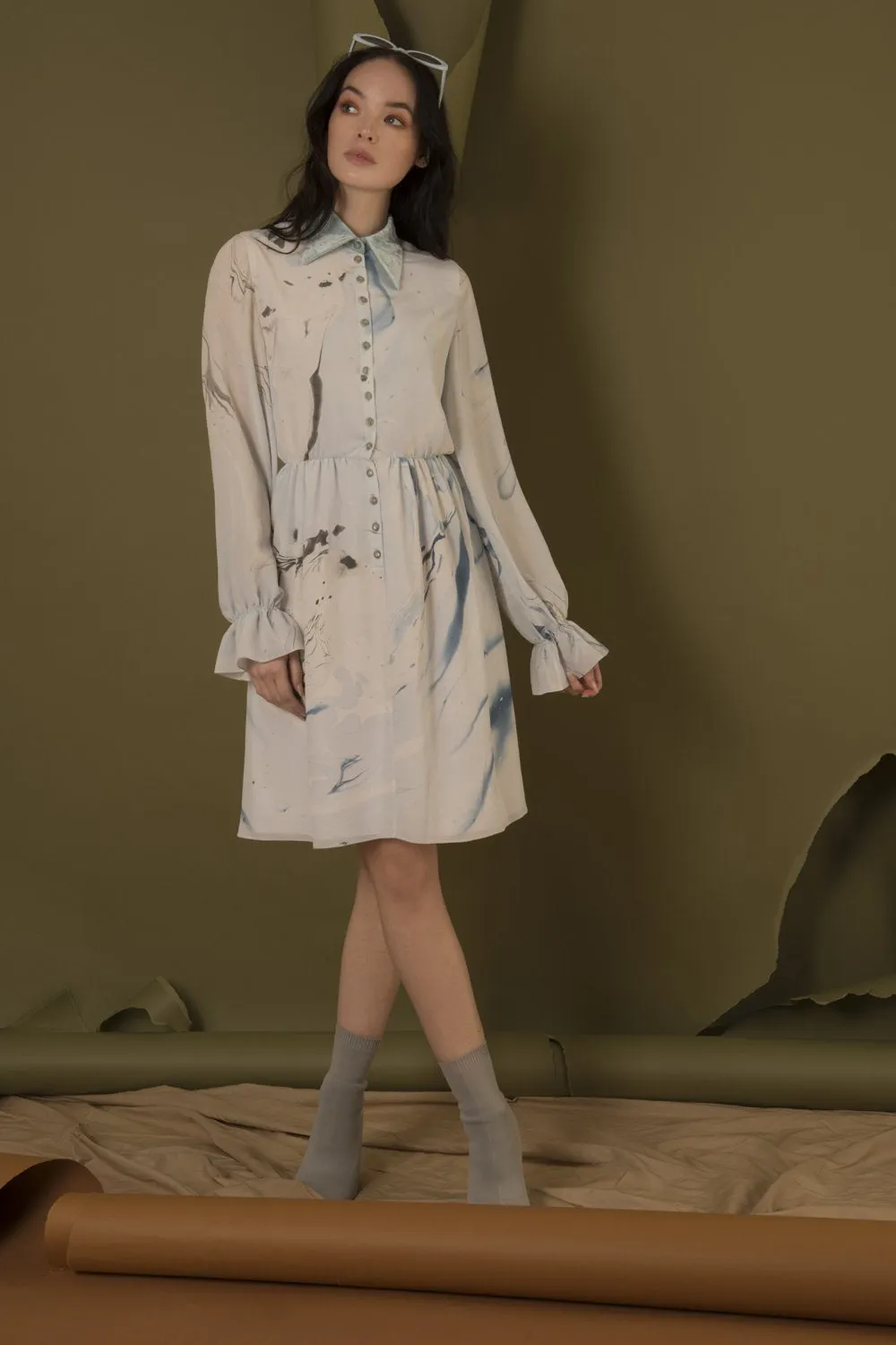 Hand Marbled Silk Button Up Dress - Blue & Grey