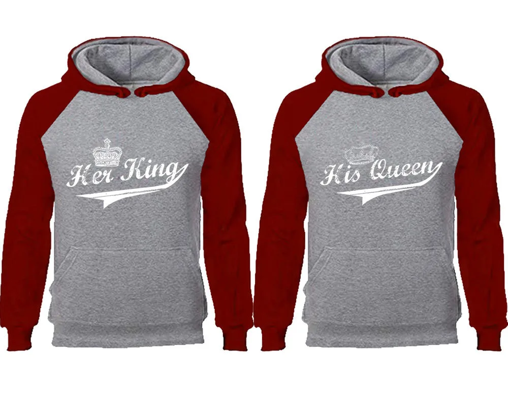 Her King and His Queen Couple Matching Raglan Hoodies, King and Queen Contrast Hoodies