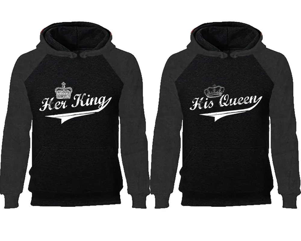 Her King and His Queen Couple Matching Raglan Hoodies, King and Queen Contrast Hoodies