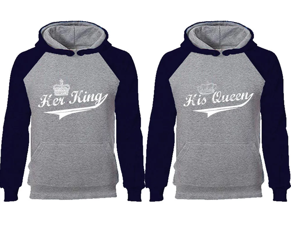 Her King and His Queen Couple Matching Raglan Hoodies, King and Queen Contrast Hoodies