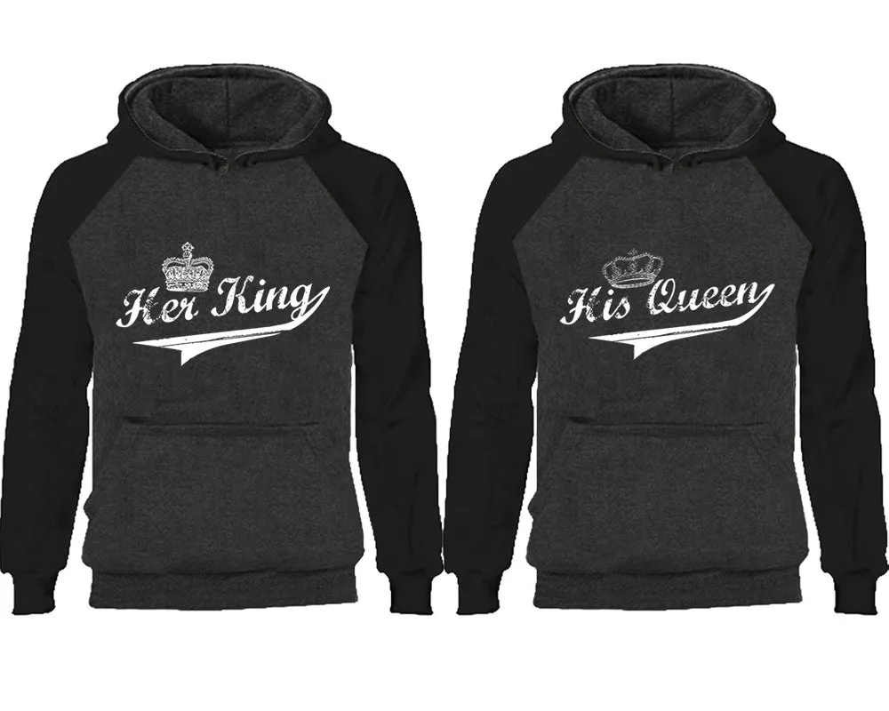 Her King and His Queen Couple Matching Raglan Hoodies, King and Queen Contrast Hoodies