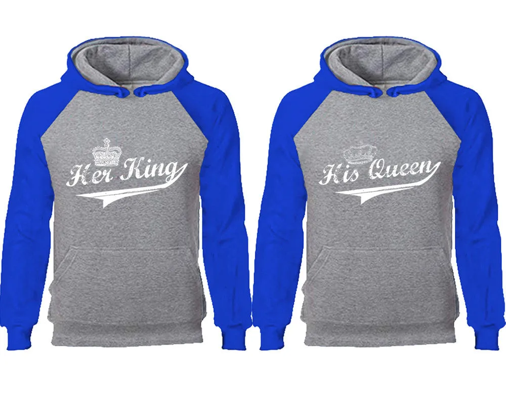 Her King and His Queen Couple Matching Raglan Hoodies, King and Queen Contrast Hoodies