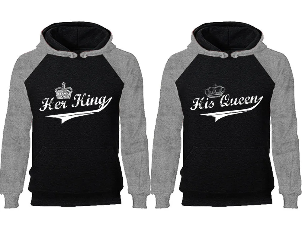 Her King and His Queen Couple Matching Raglan Hoodies, King and Queen Contrast Hoodies