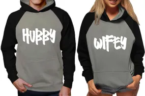 Hubby Wifey Couple Matching Hoodies, Matching Contrast Raglan Hoodies