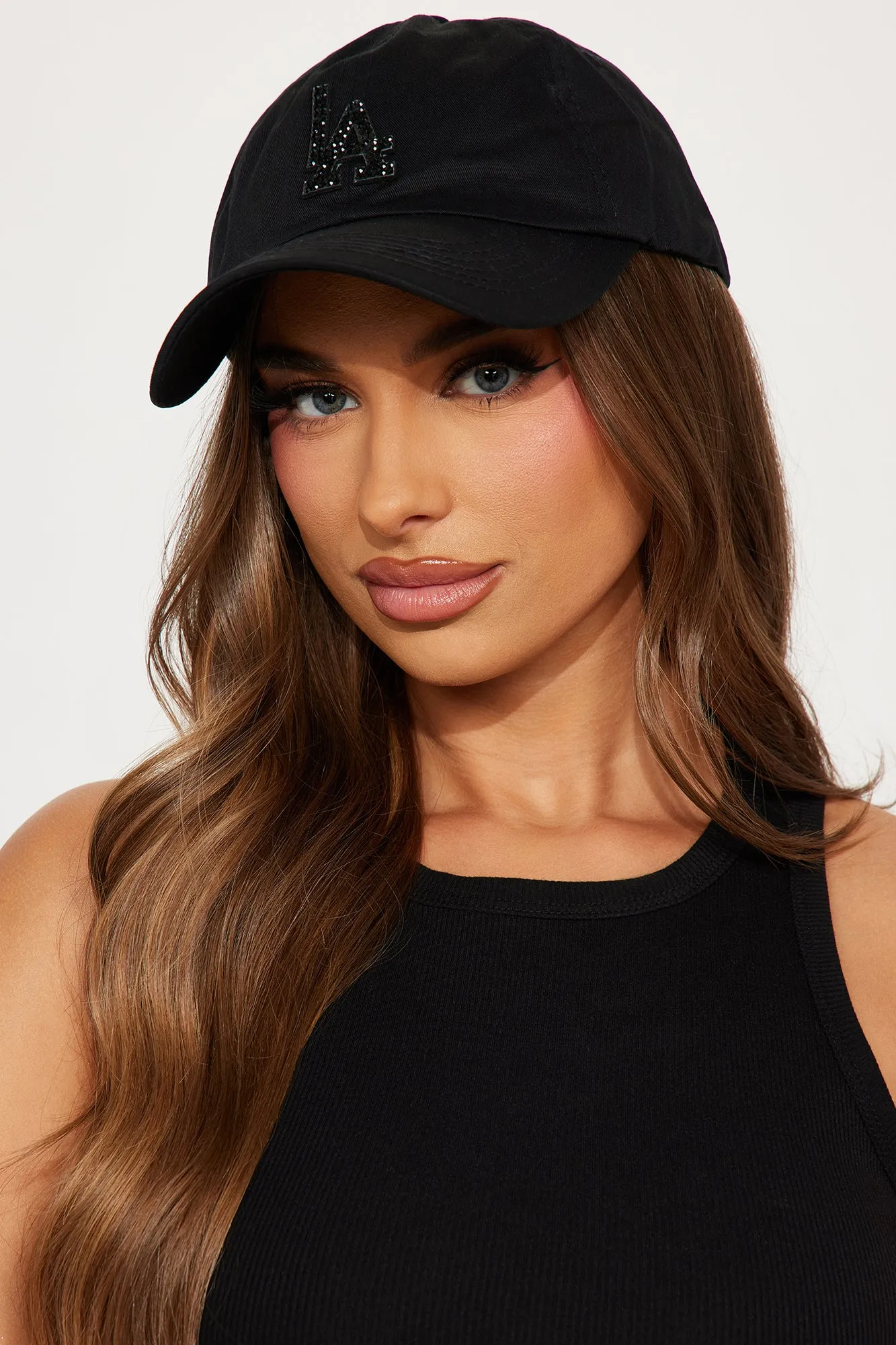 LA Rhinestone Baseball Hat - Black/Black