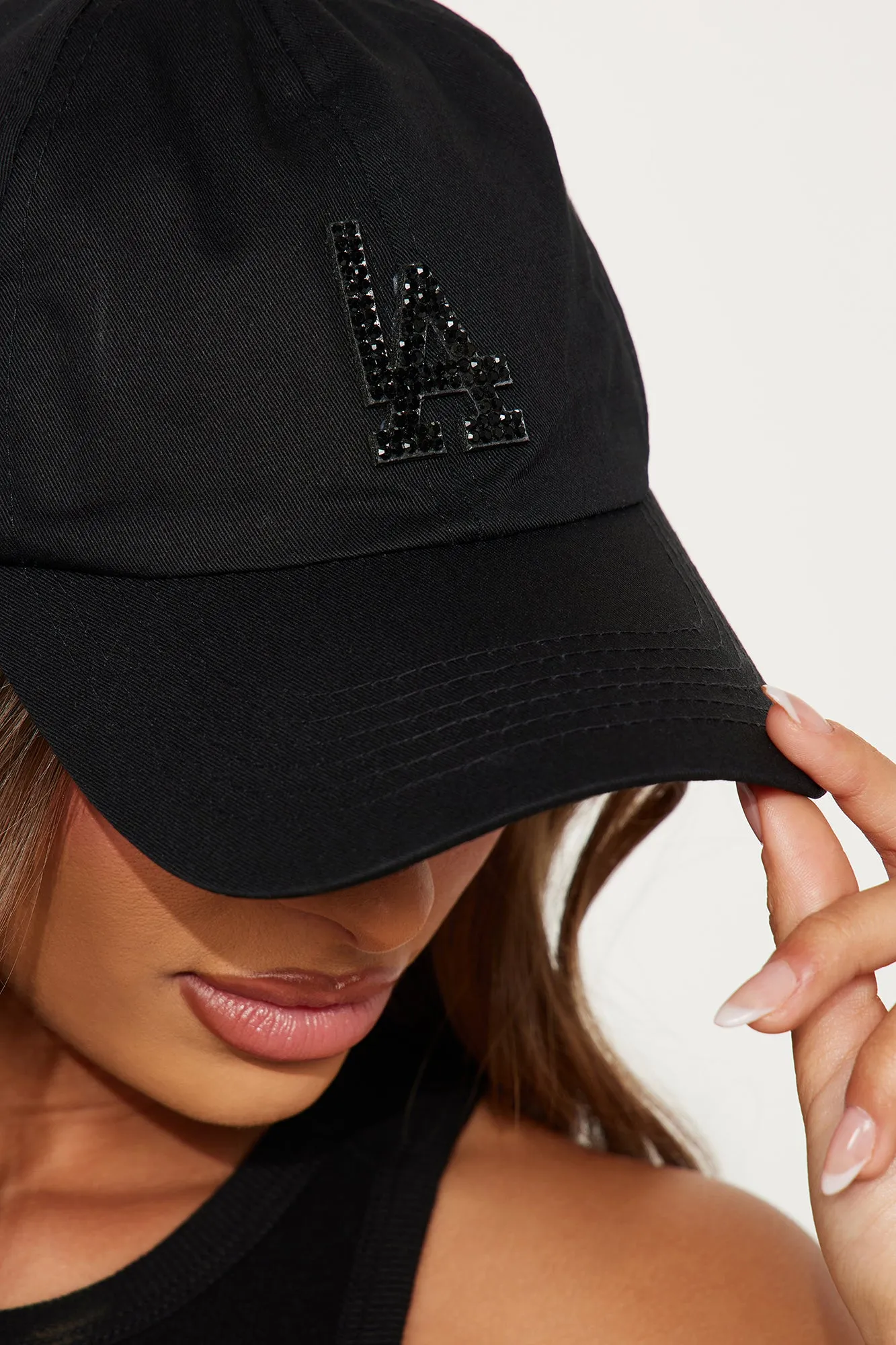 LA Rhinestone Baseball Hat - Black/Black