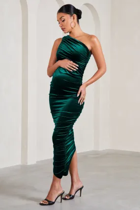 Late Night | Bottle Green Velvet Maternity Ruched One Shoulder Midi Dress