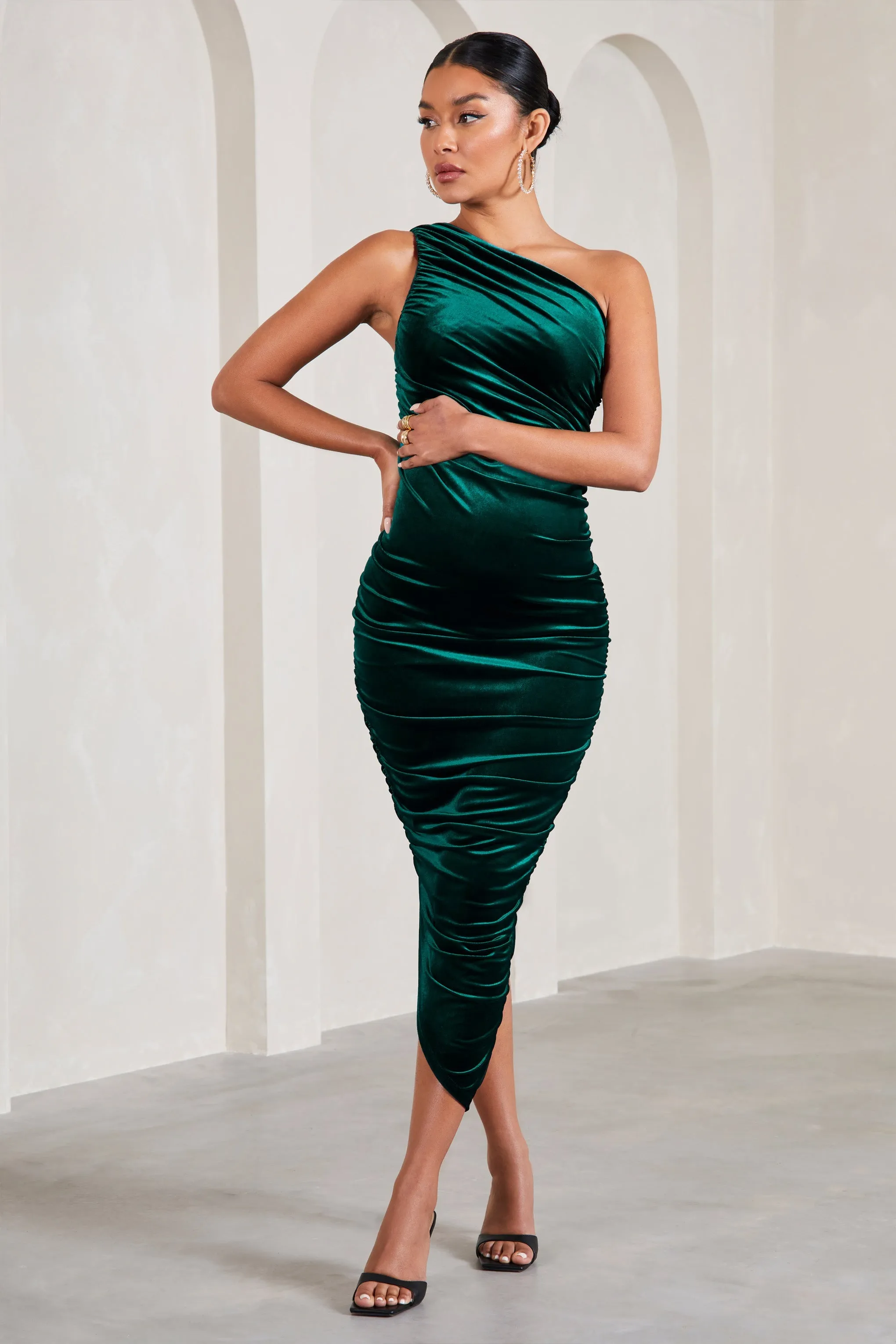 Late Night | Bottle Green Velvet Maternity Ruched One Shoulder Midi Dress