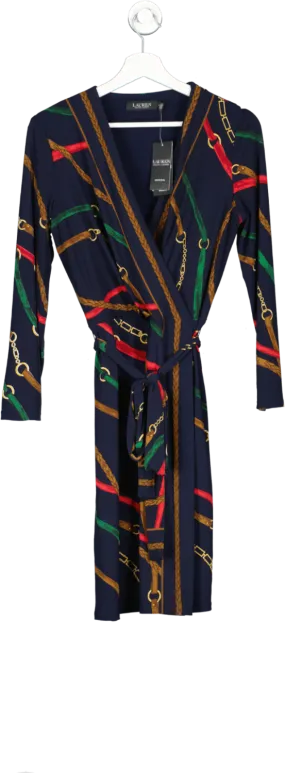 LAUREN RALPH LAUREN Navy Blue / Multi  Belting-print Jersey Dress Bnwt UK 12